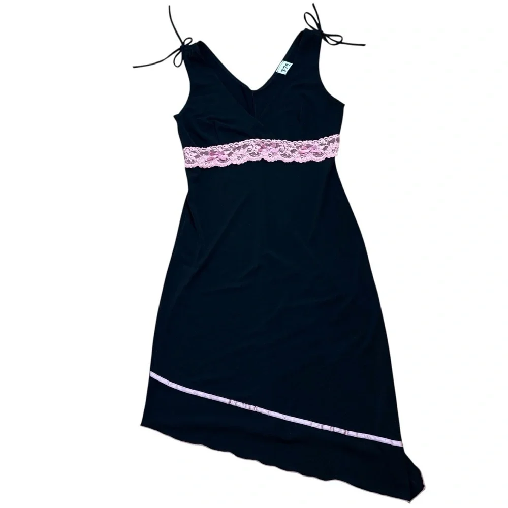 Vintage 90s Y2K Coquette Asymmetrical Babydoll Stretchy  Midi Dress Lace Bow S/M